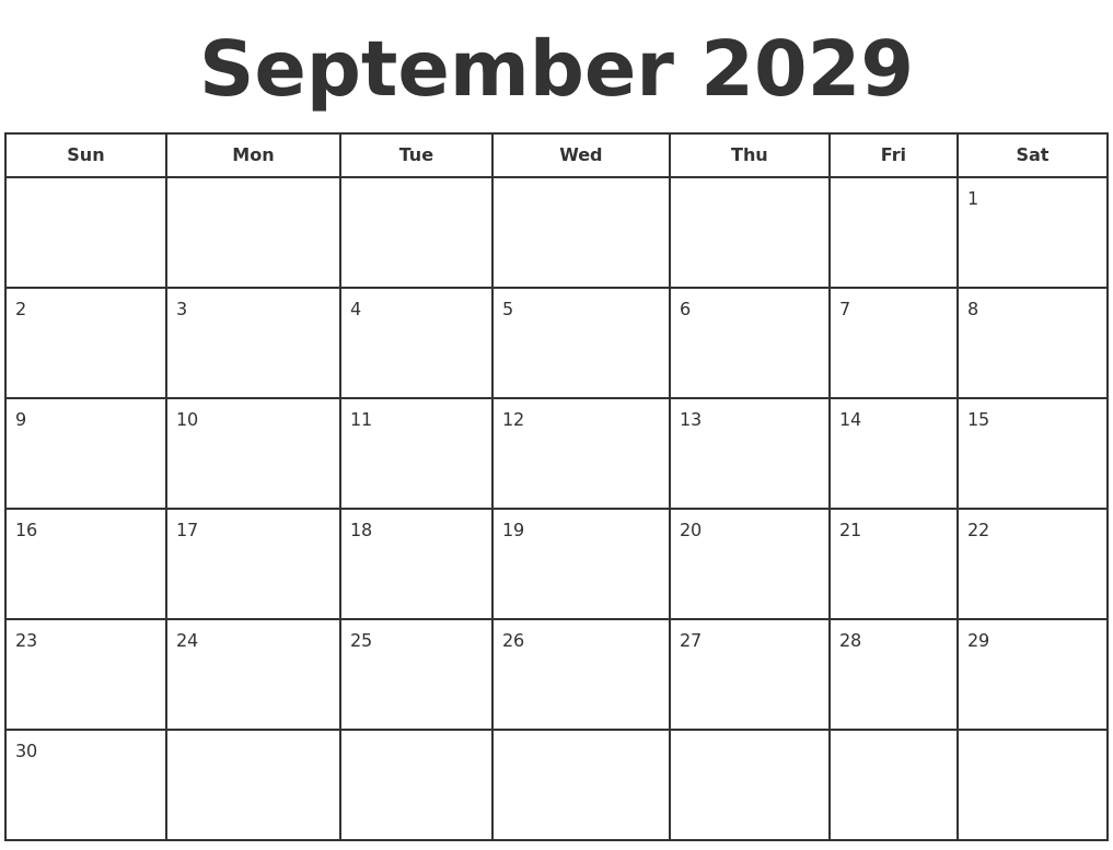 September 2029 Print A Calendar