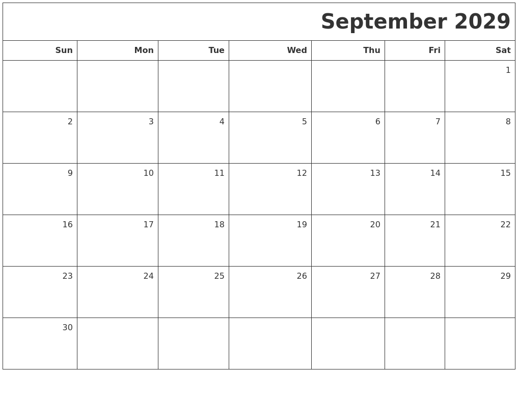 September 2029 Printable Blank Calendar