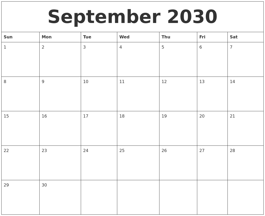 September 2030 Blank Monthly Calendar Pdf