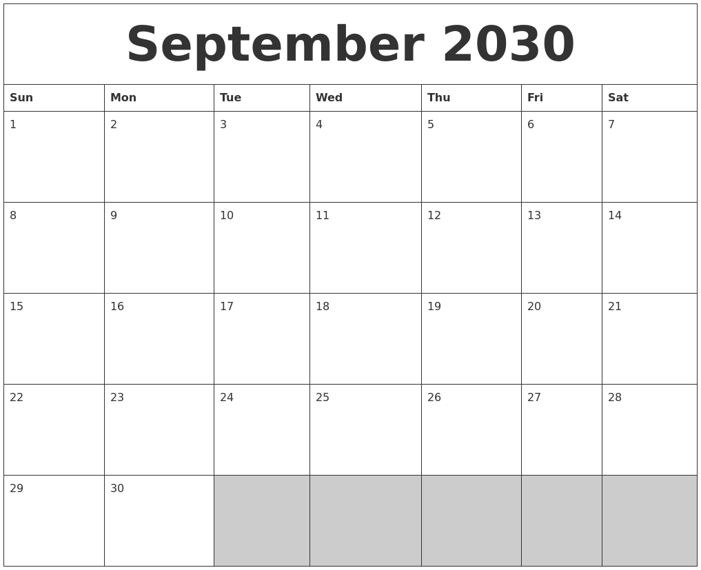 September 2030 Blank Printable Calendar