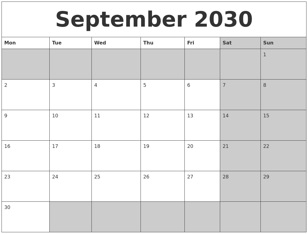 September 2030 Calanders