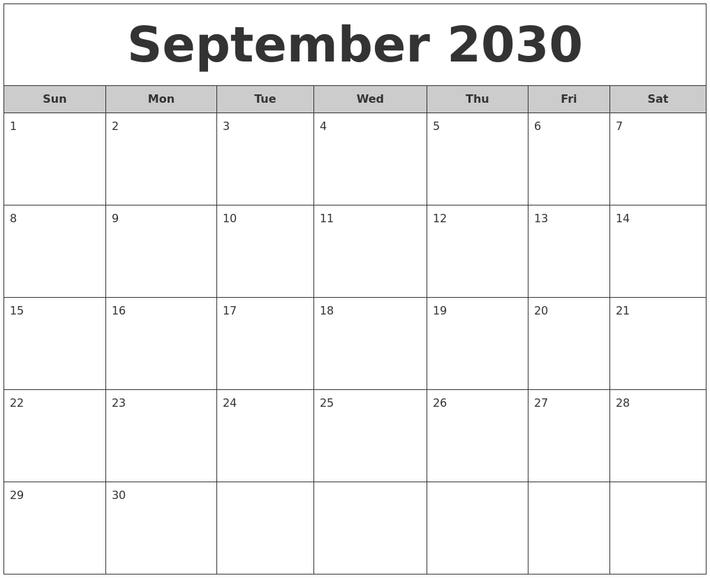 September 2030 Free Monthly Calendar