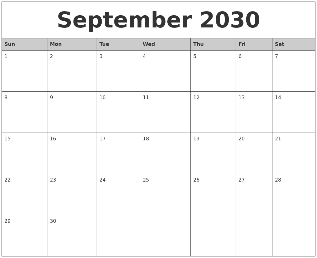 September 2030 Monthly Calendar Printable