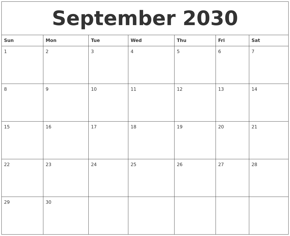 September 2030 Print Out Calendar