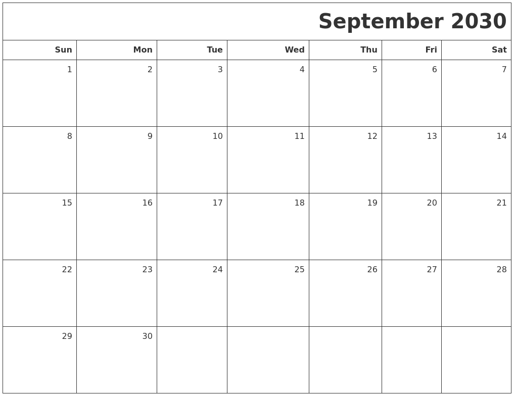 September 2030 Printable Blank Calendar