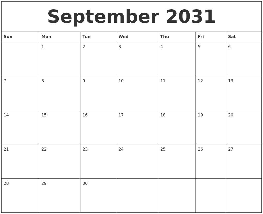 September 2031 Birthday Calendar Template