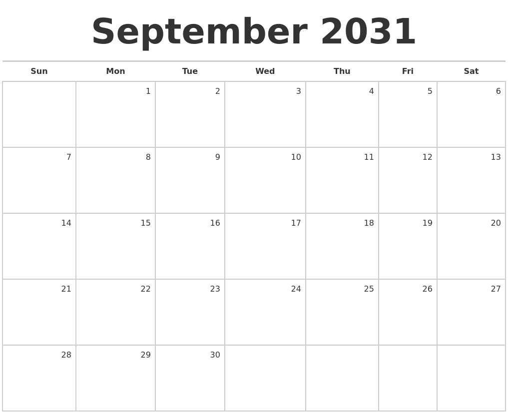 September 2031 Blank Monthly Calendar