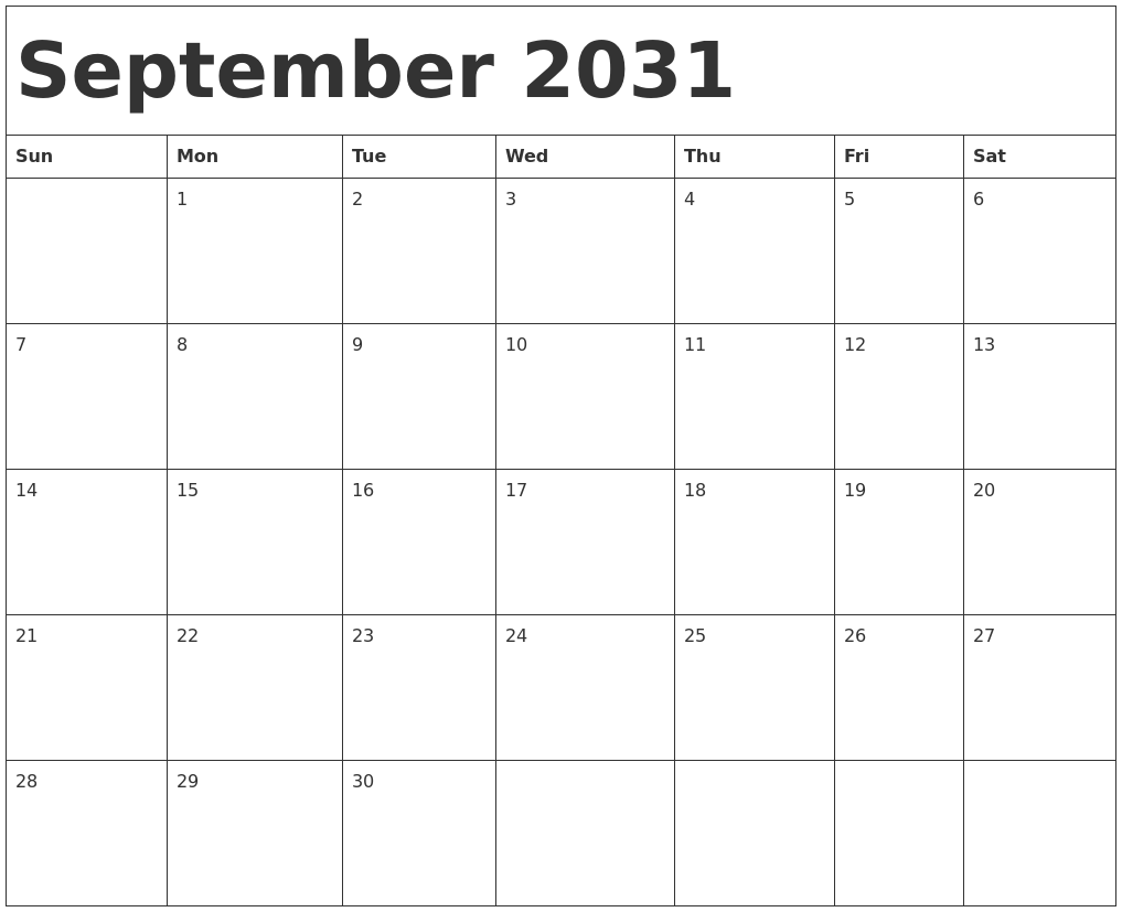 September 2031 Calendar Template