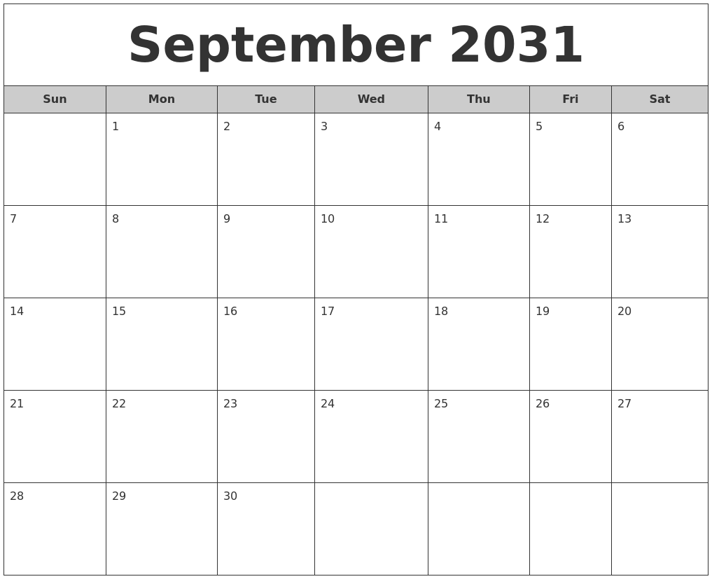 September 2031 Free Monthly Calendar