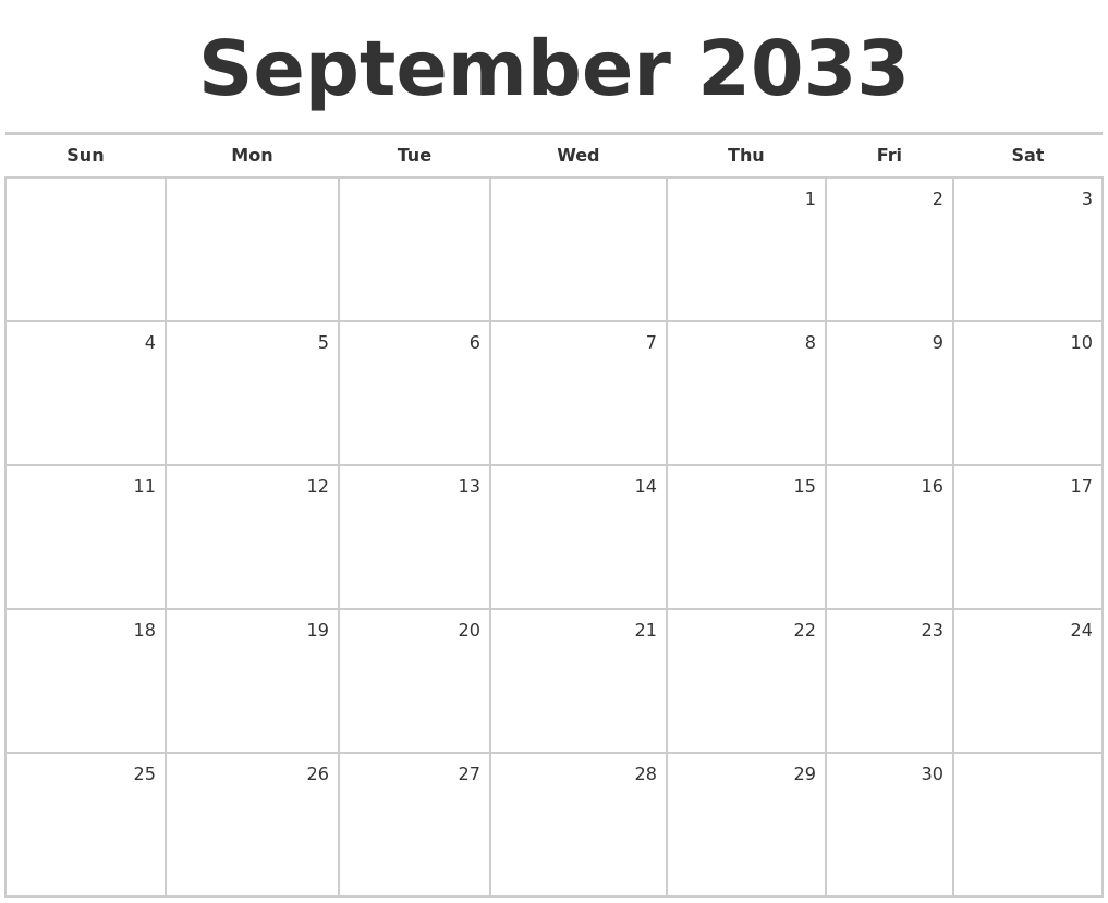 September 2033 Blank Monthly Calendar