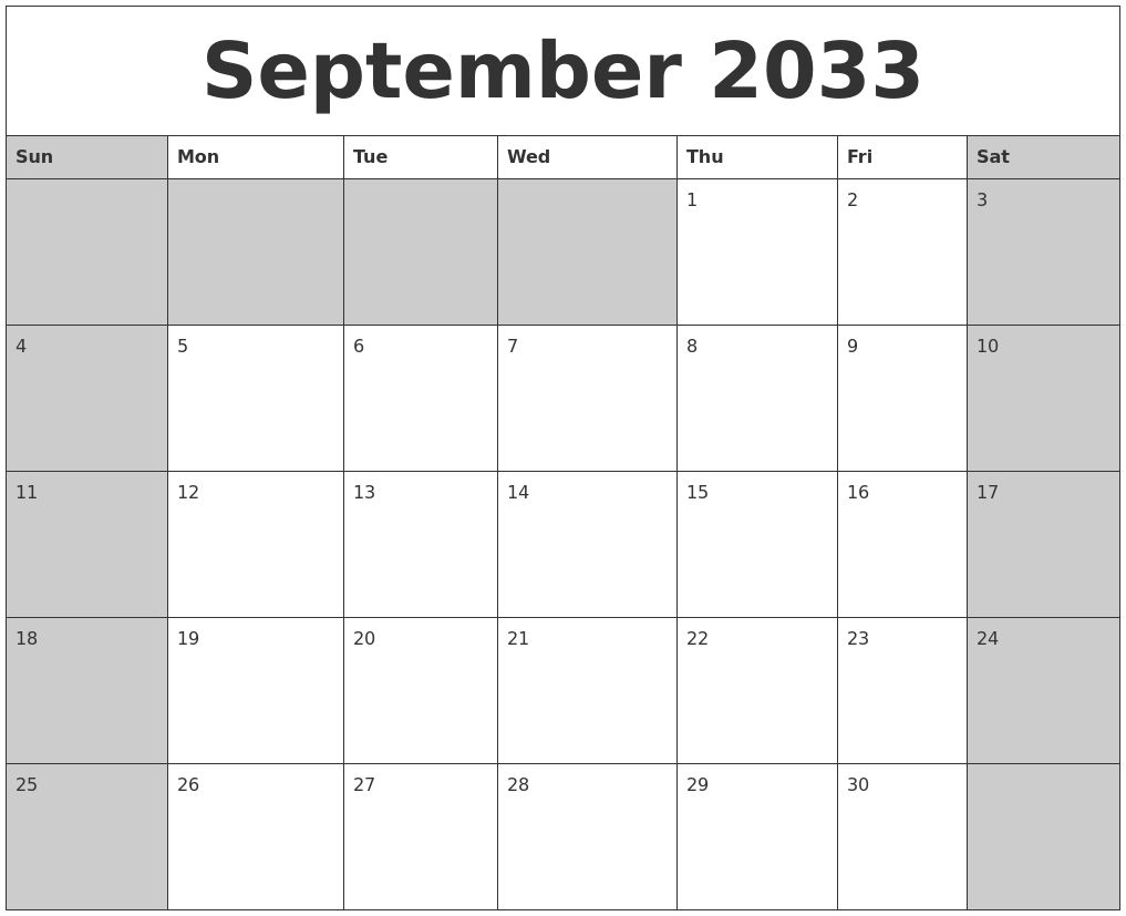 September 2033 Calanders