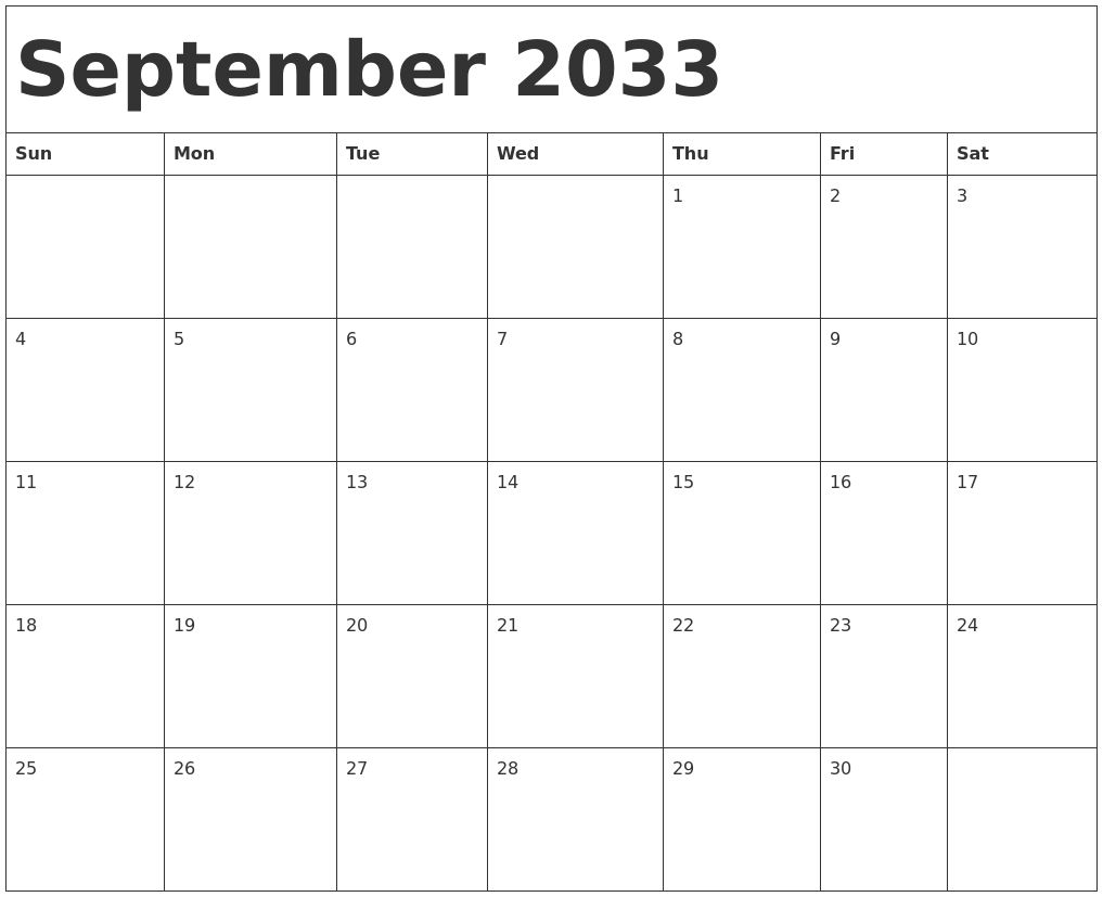 September 2033 Calendar Template