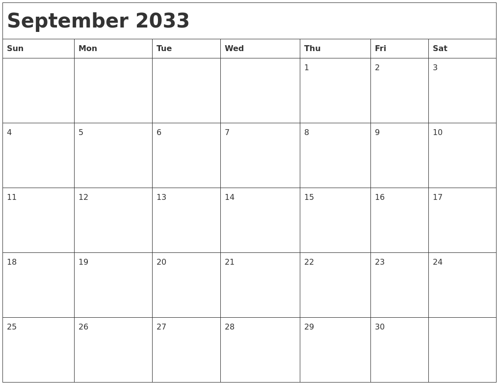 September 2033 Month Calendar