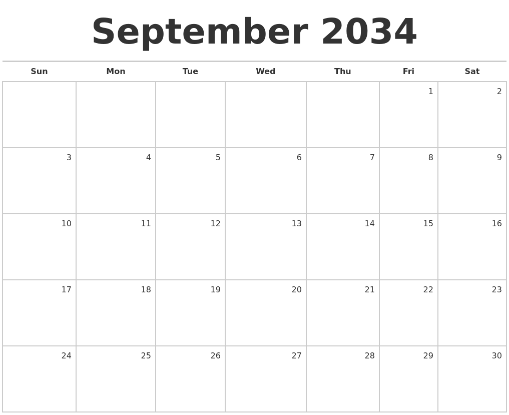 September 2034 Blank Monthly Calendar