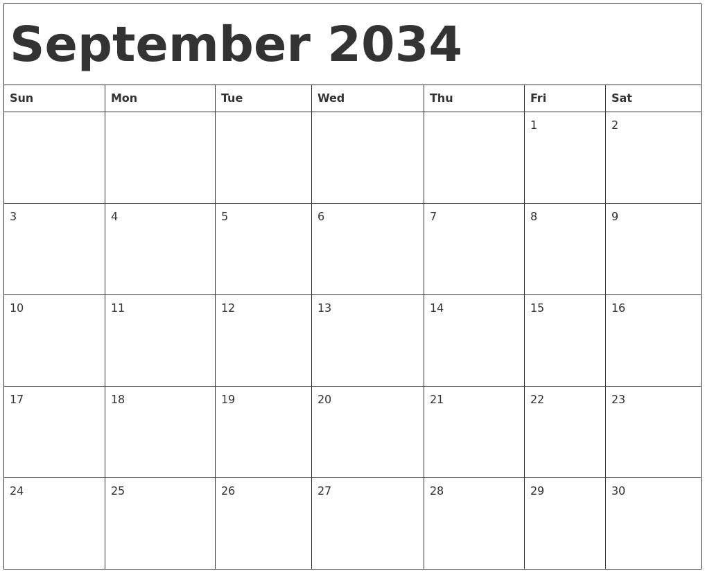 September 2034 Calendar Template