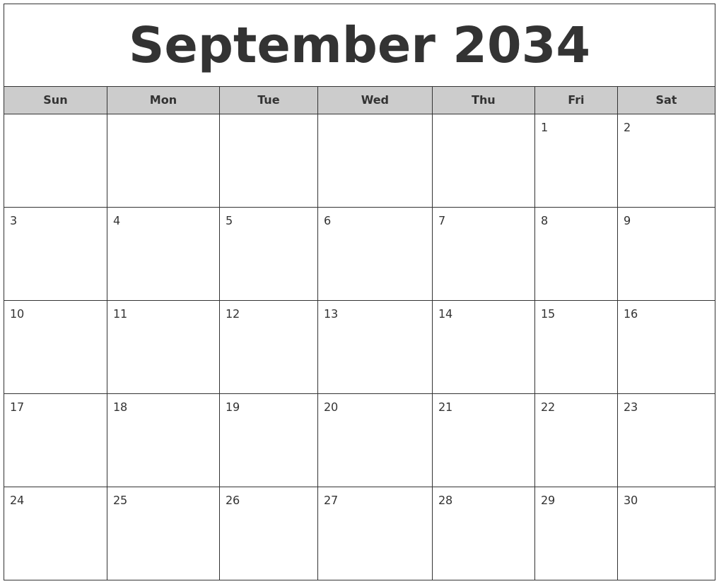 September 2034 Free Monthly Calendar