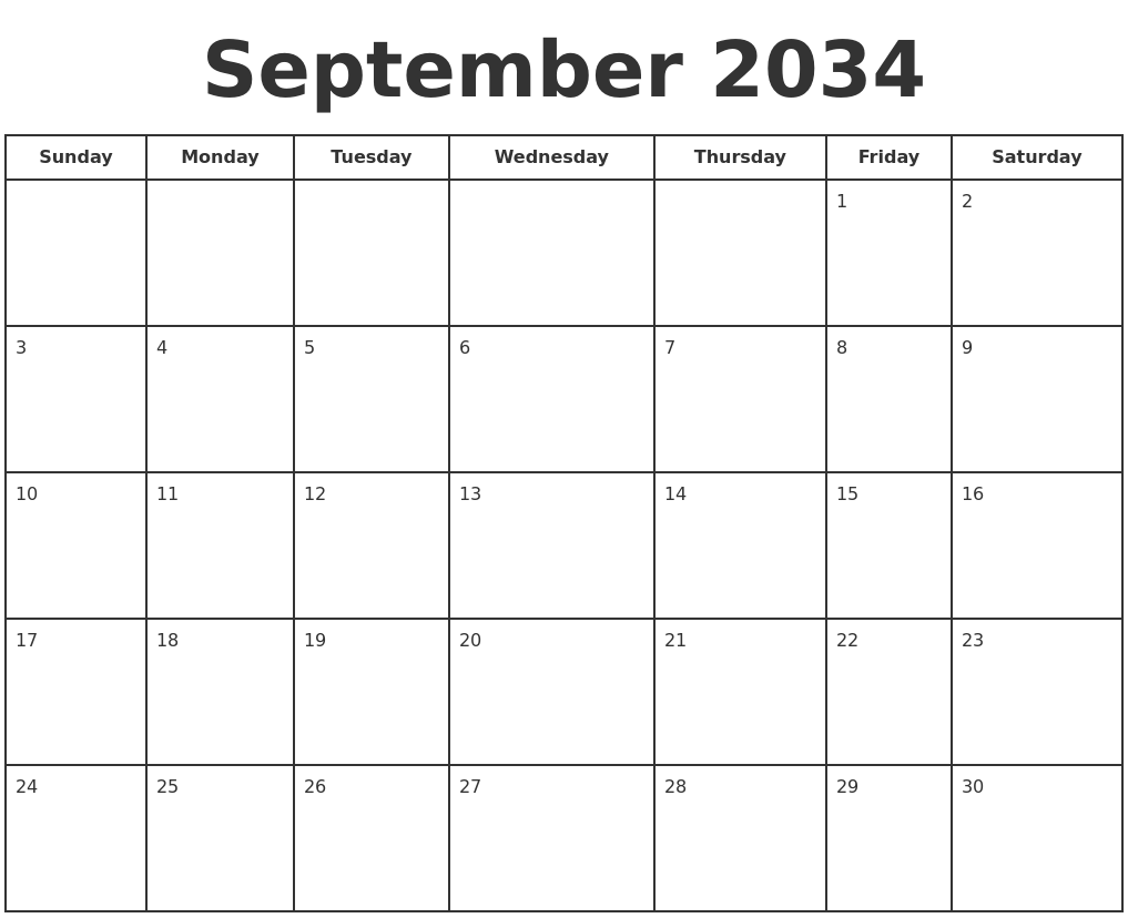 September 2034 Print A Calendar