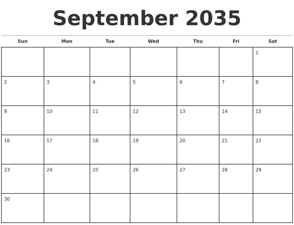 September 2035 Monthly Calendar Template