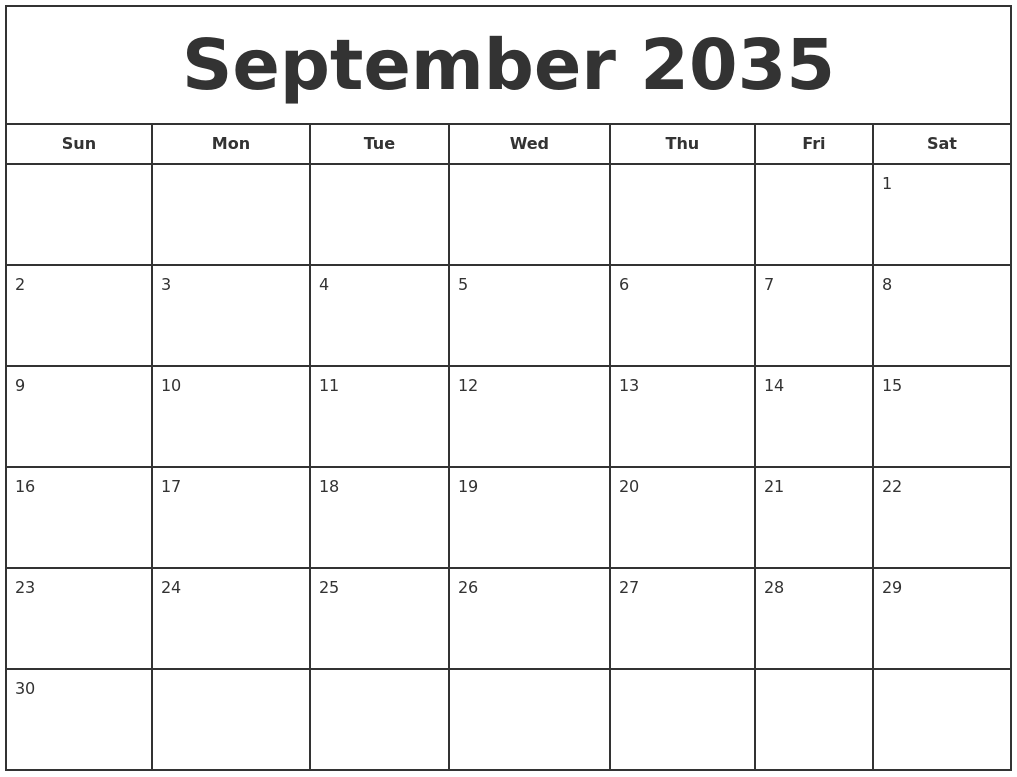 September 2035 Print Free Calendar