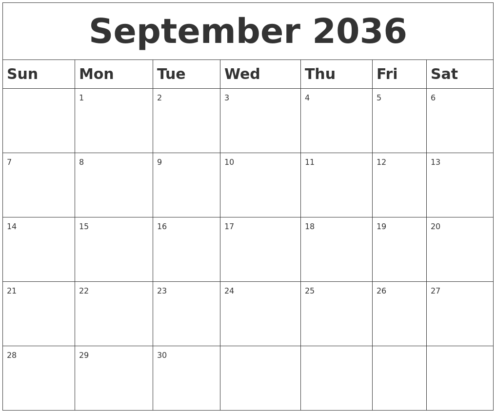 September 2036 Blank Calendar