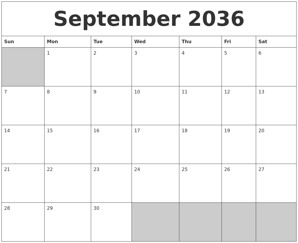 September 2036 Blank Printable Calendar