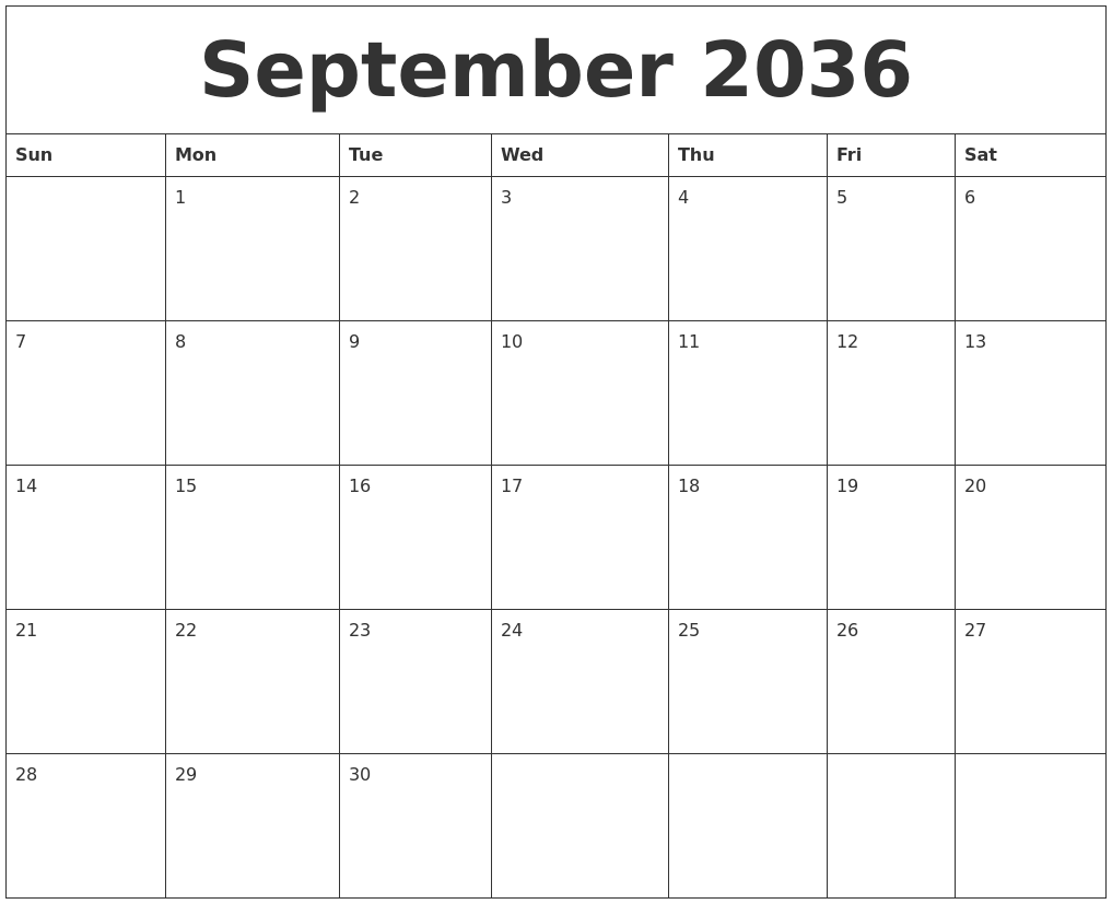 September 2036 Calendar For Printing