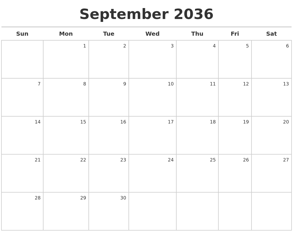 September 2036 Calendar Maker