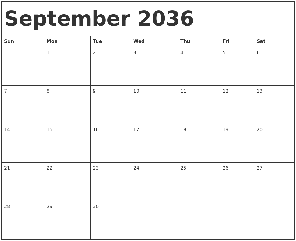 September 2036 Calendar Template