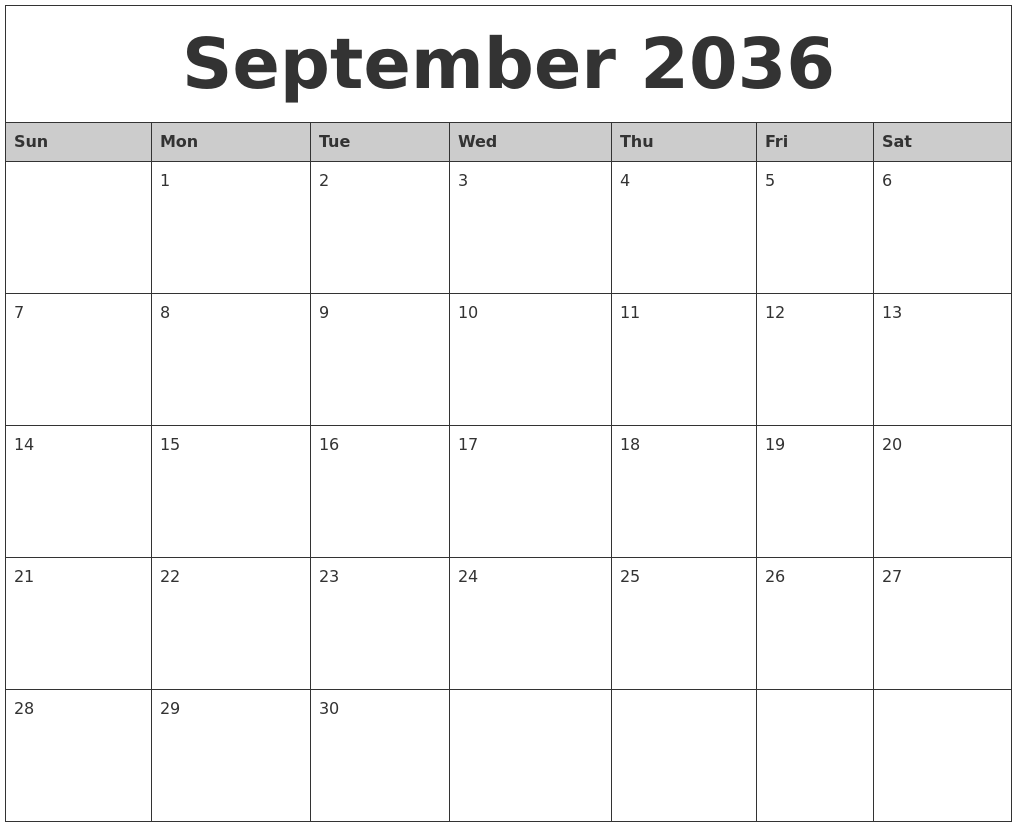 September 2036 Monthly Calendar Printable