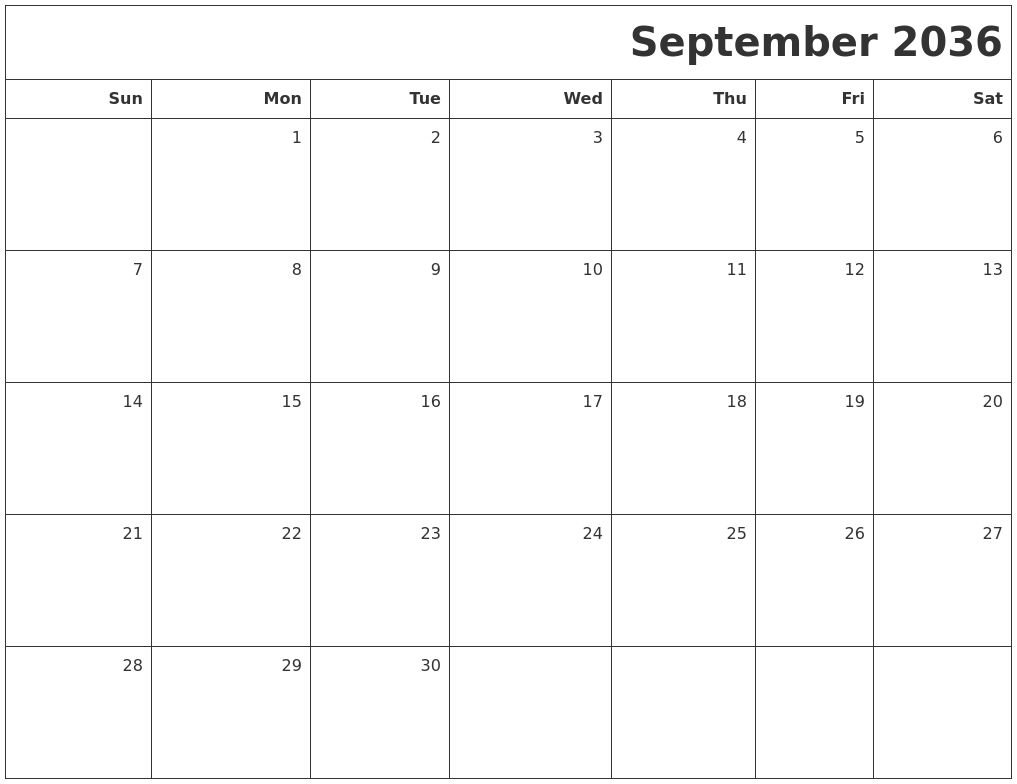 September 2036 Printable Blank Calendar