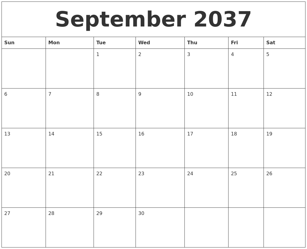 September 2037 Blank Calendar To Print