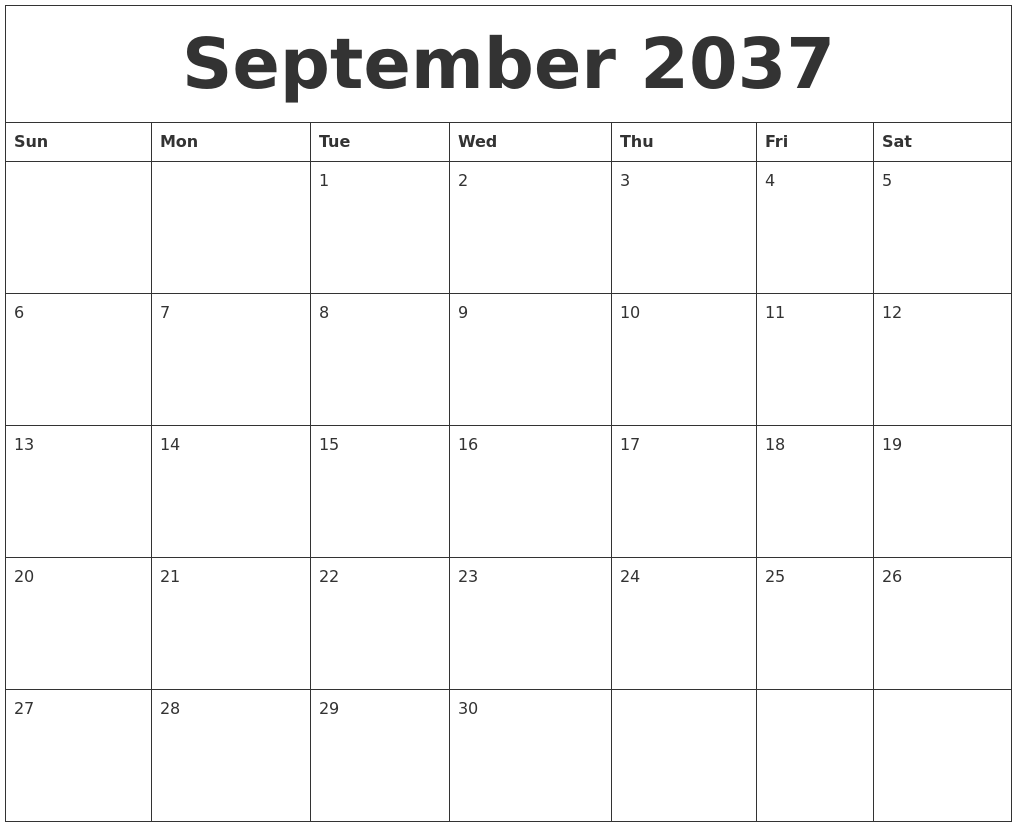 September 2037 Calendar Monthly