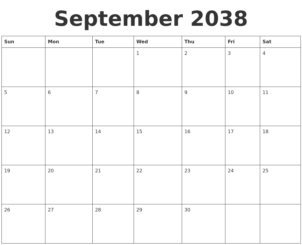 September 2038 Blank Calendar Template