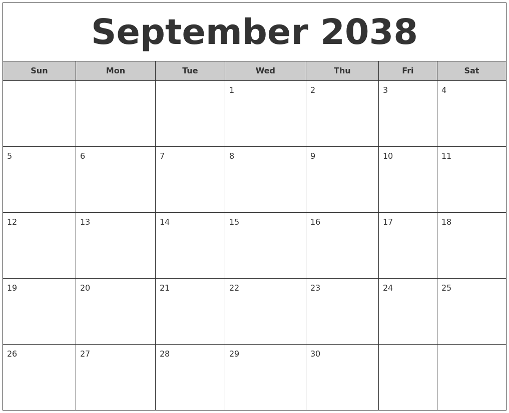 September 2038 Free Monthly Calendar
