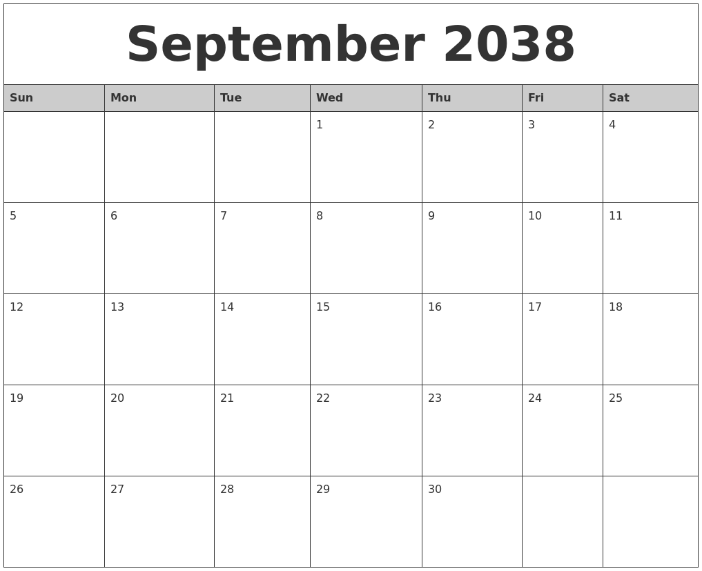 September 2038 Monthly Calendar Printable