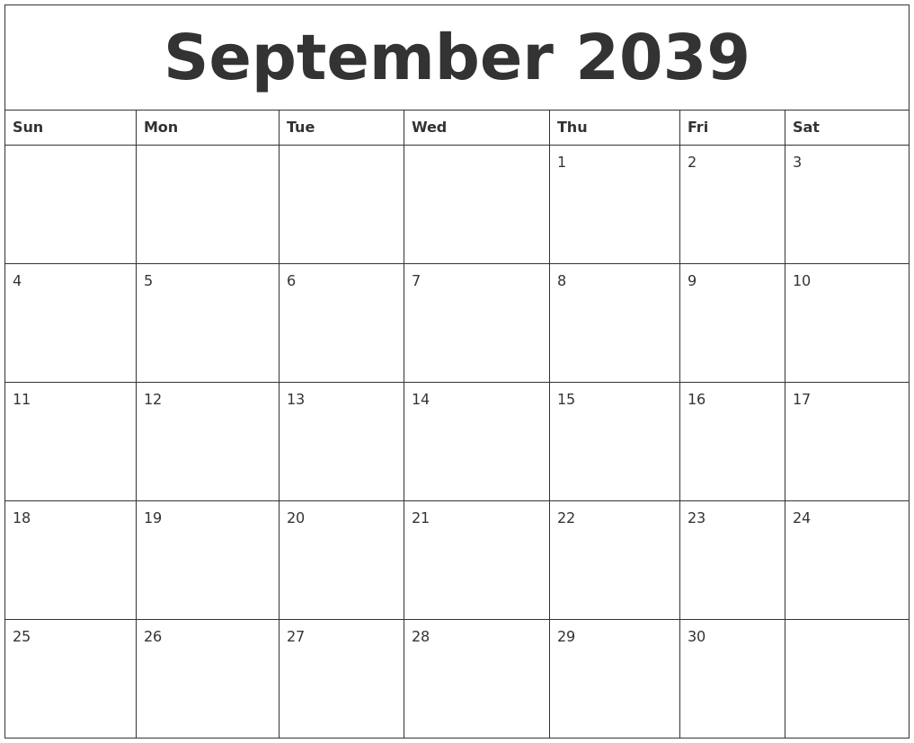 September 2039 Blank Calendar Printable