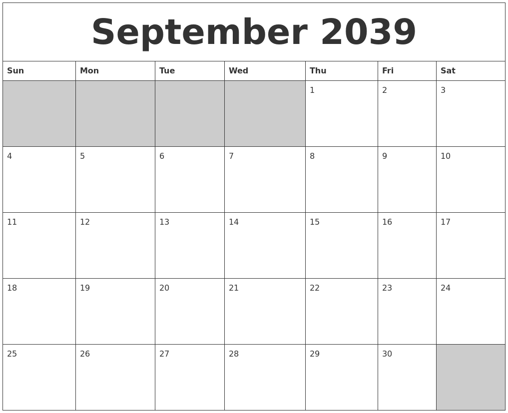 September 2039 Blank Printable Calendar