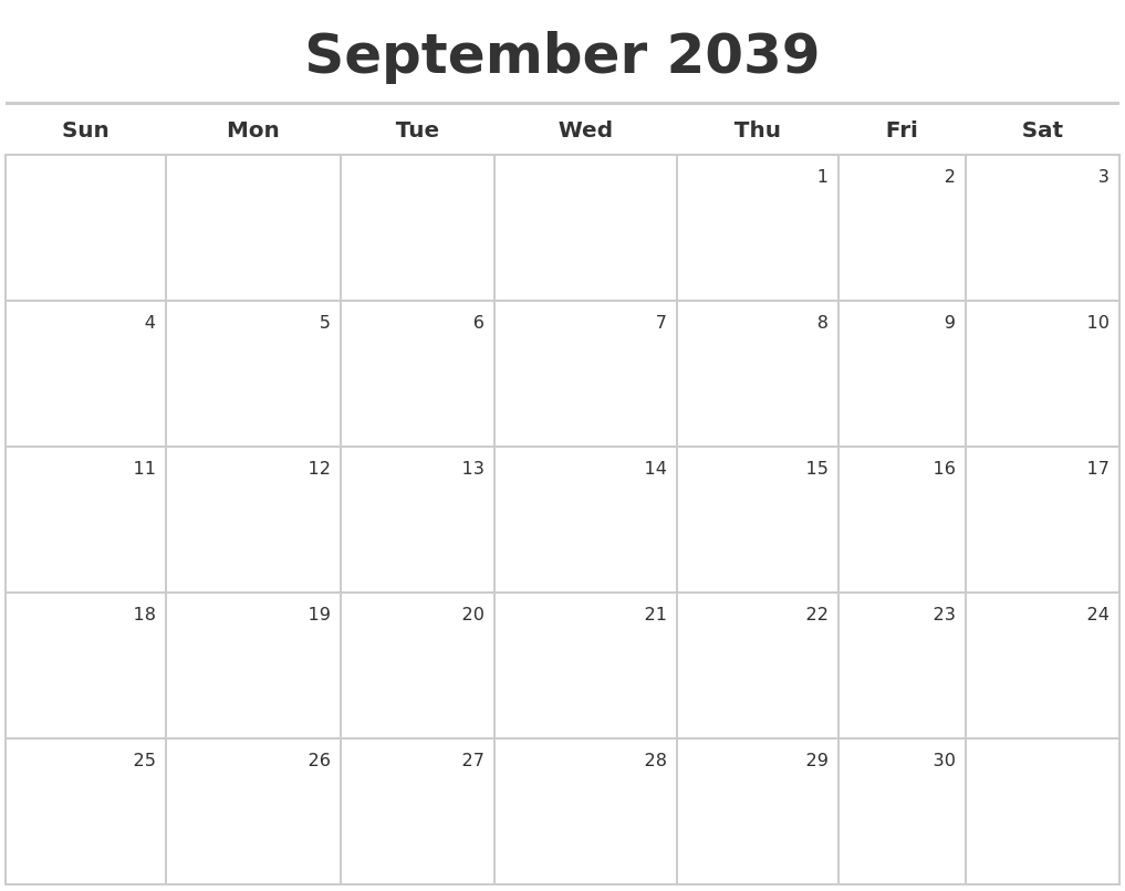 September 2039 Calendar Maker