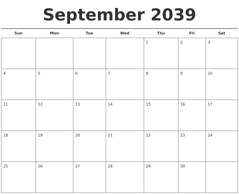 September 2039 Free Calendar Template