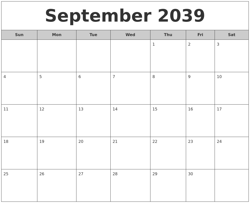 September 2039 Free Monthly Calendar