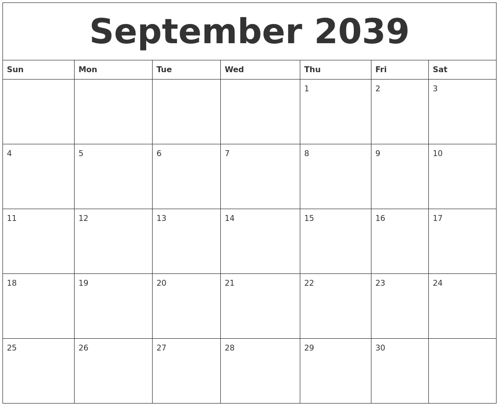 September 2039 Online Calendar Template