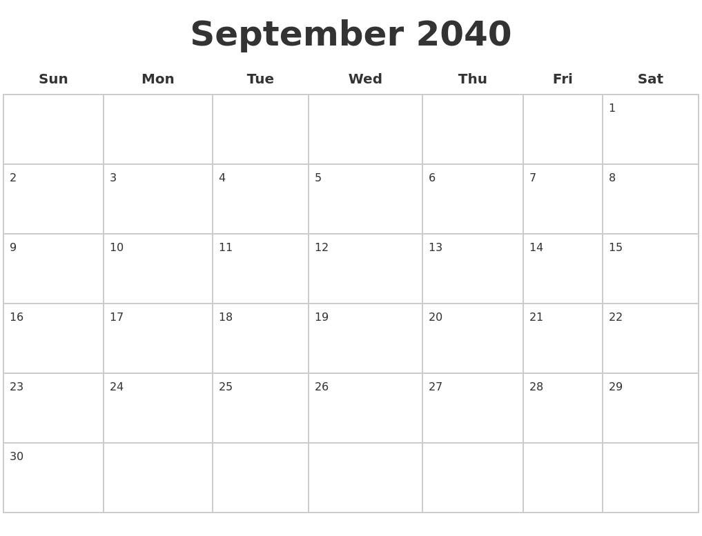 September 2040 Blank Calendar Pages