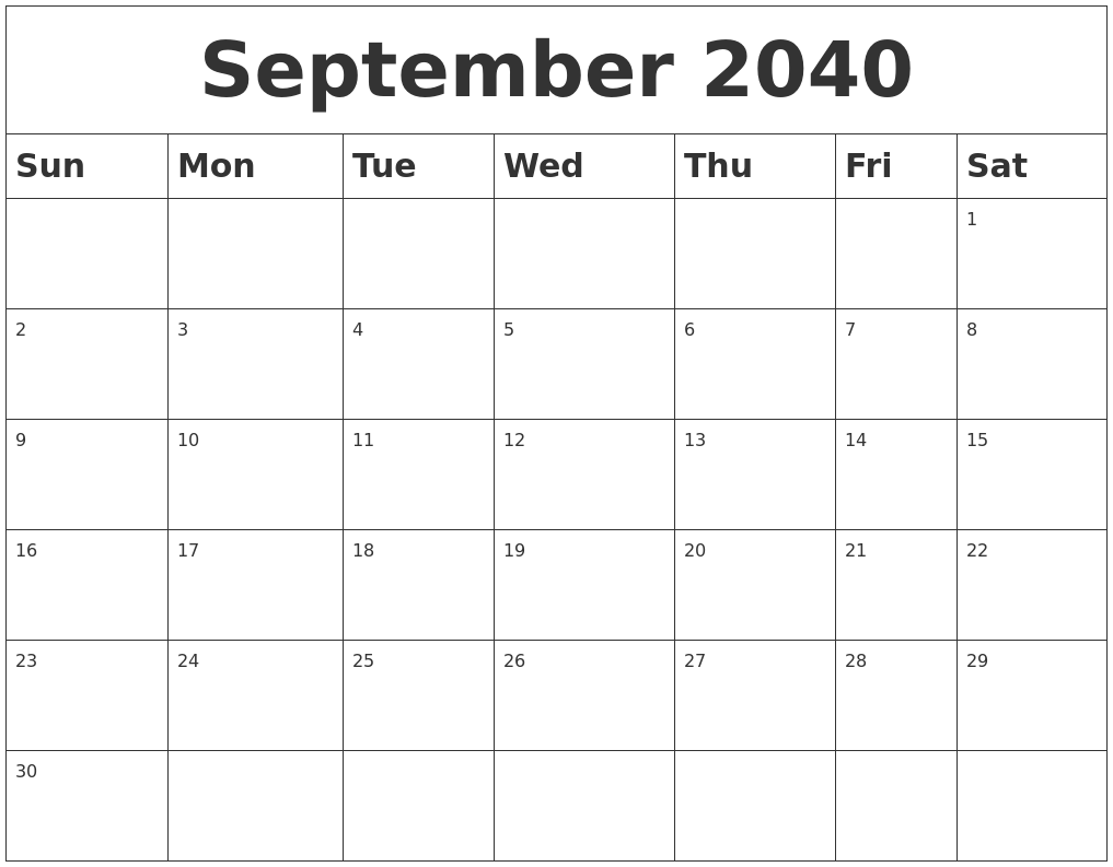 September 2040 Blank Calendar