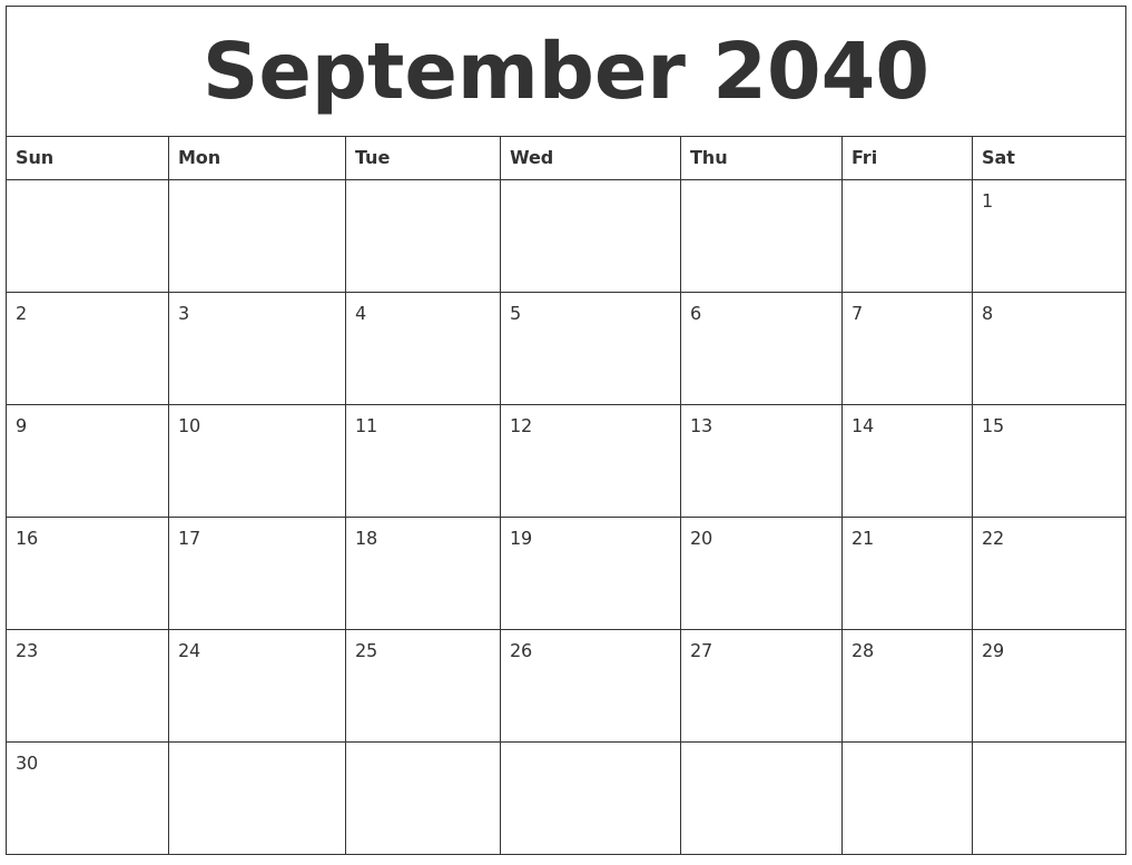 September 2040 Calendar Free Printable