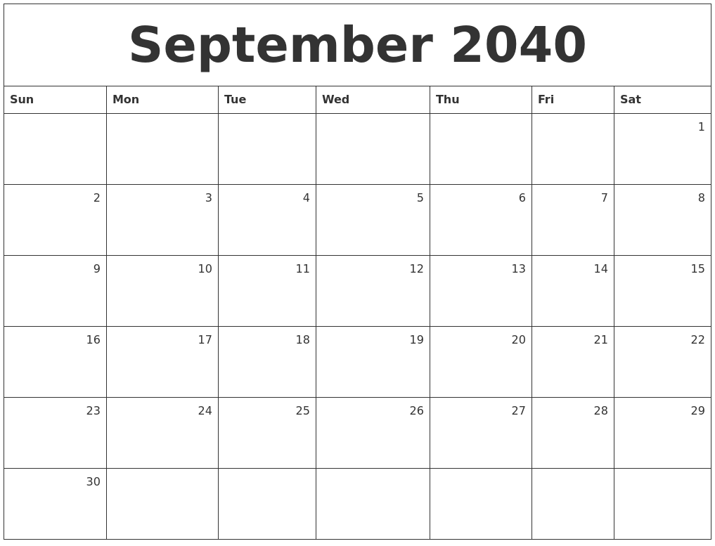 September 2040 Monthly Calendar