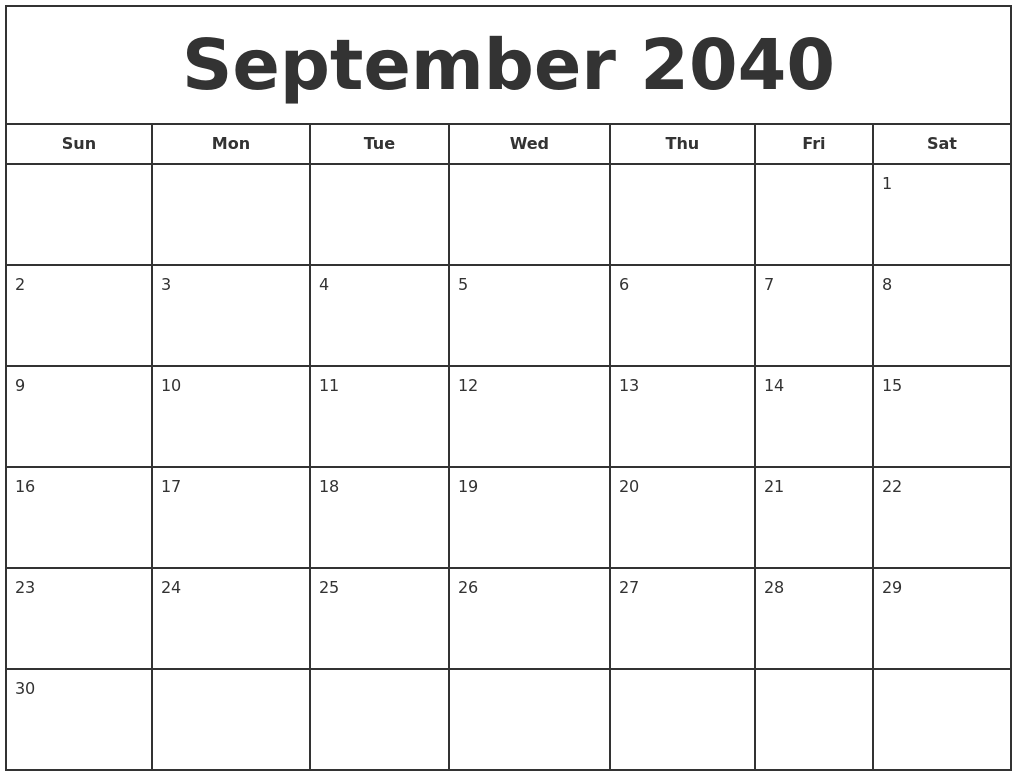 September 2040 Print Free Calendar