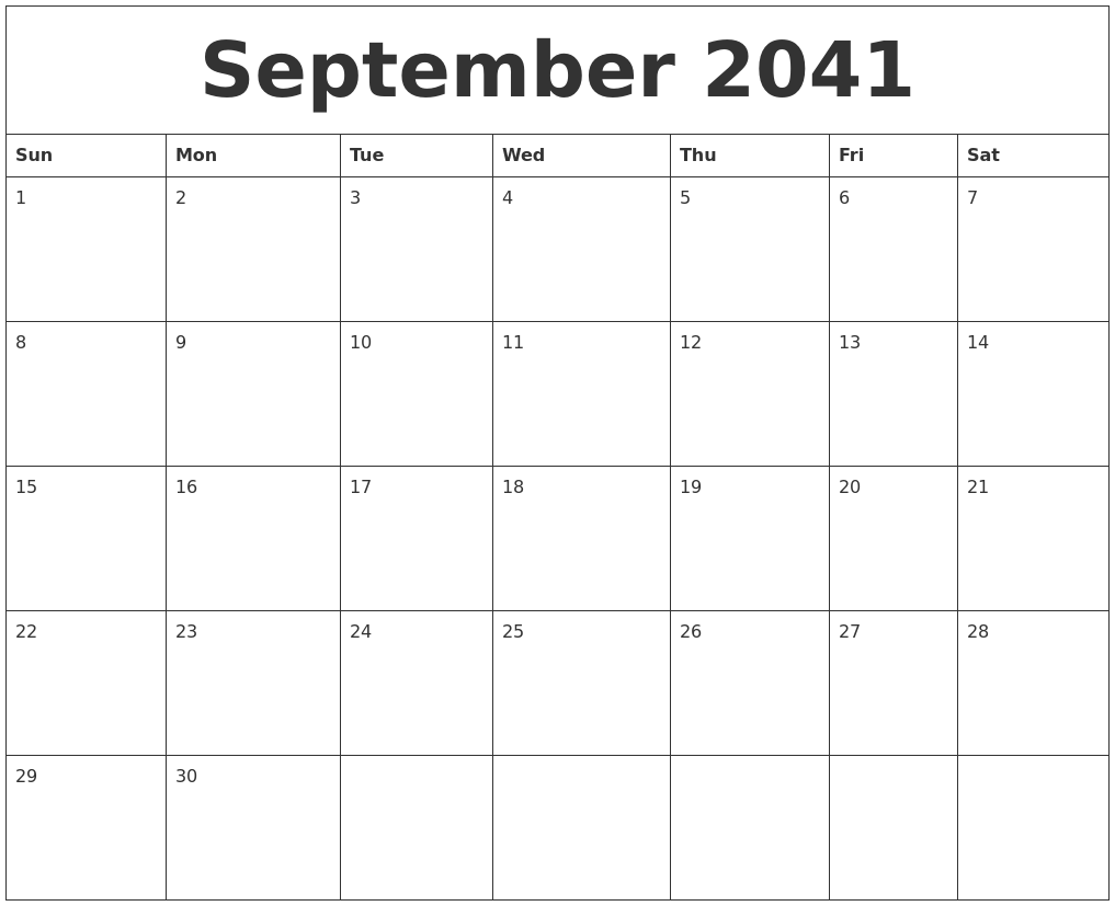 September 2041 Free Printable Weekly Calendar