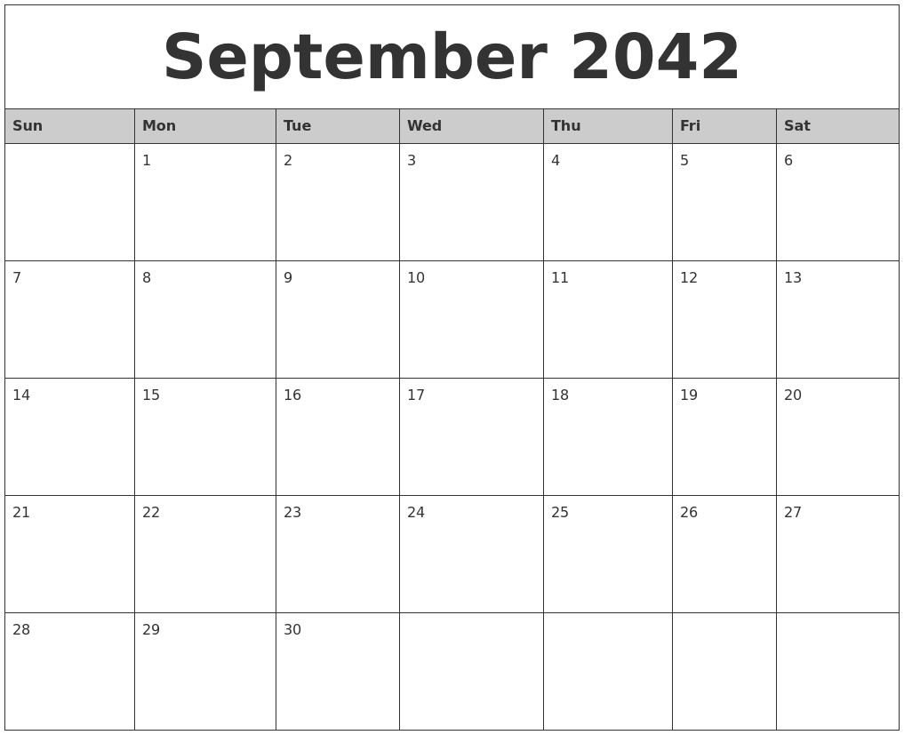 September 2042 Monthly Calendar Printable