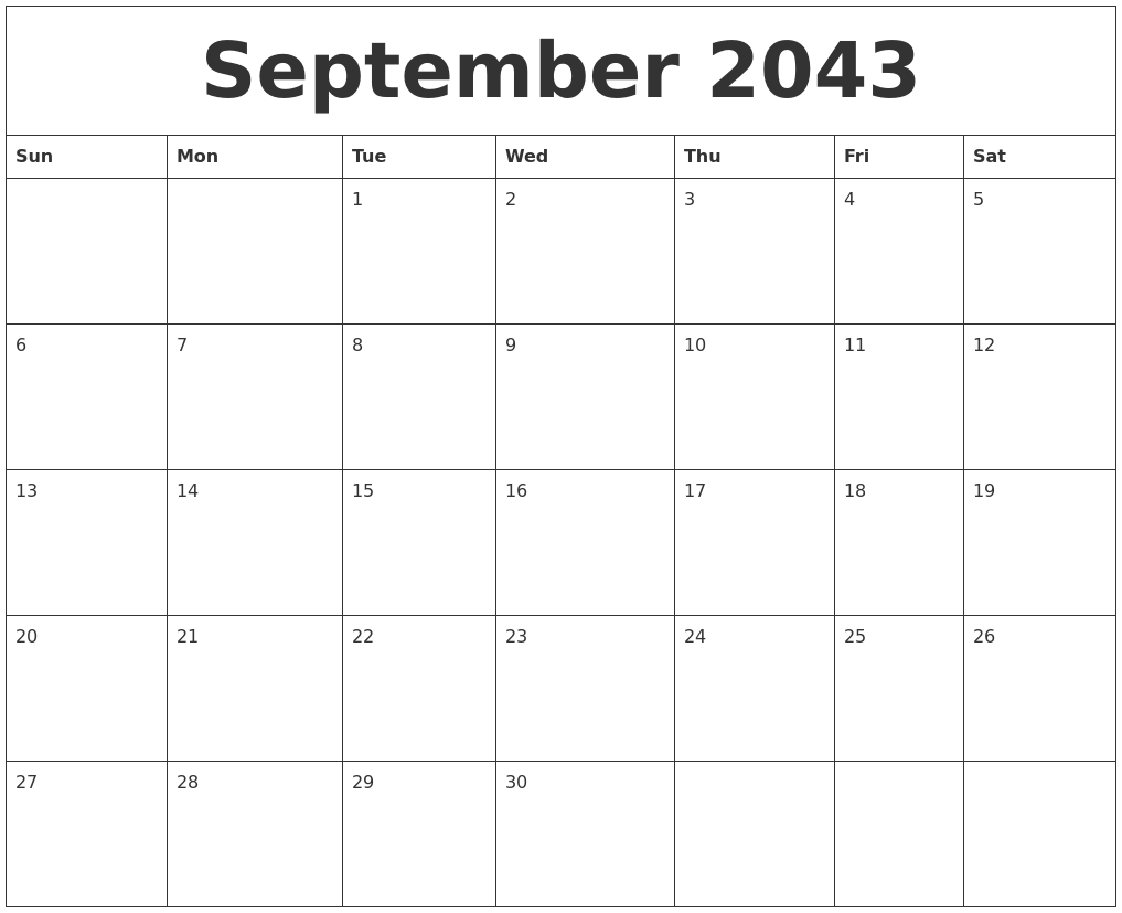 September 2043 Blank Monthly Calendar Pdf