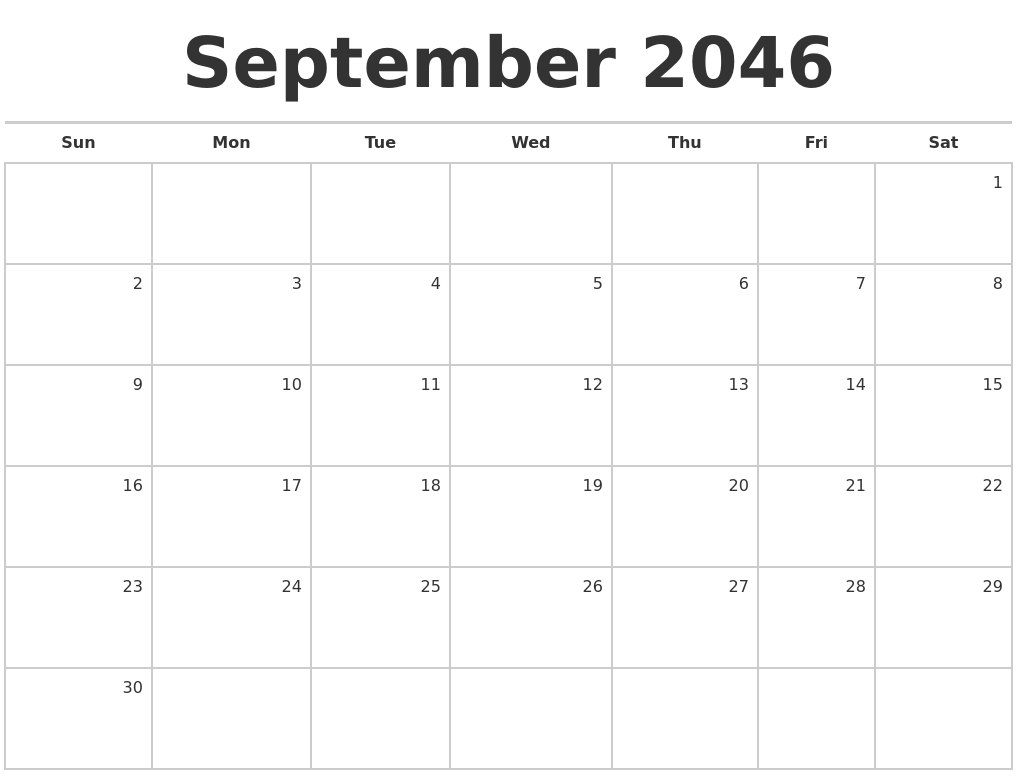 September 2046 Blank Monthly Calendar